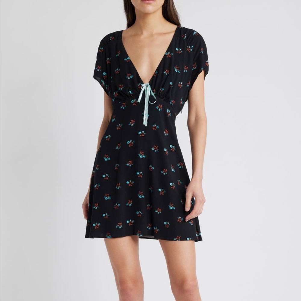Free People Everyone’s Favorite Mini Dress in Black Teal & Red Floral Print NWOT